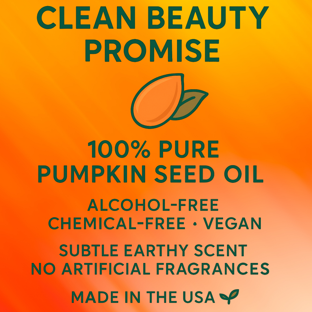 Promotional graphic for pumpkin seed oil with a clean beauty promise on an orange background.