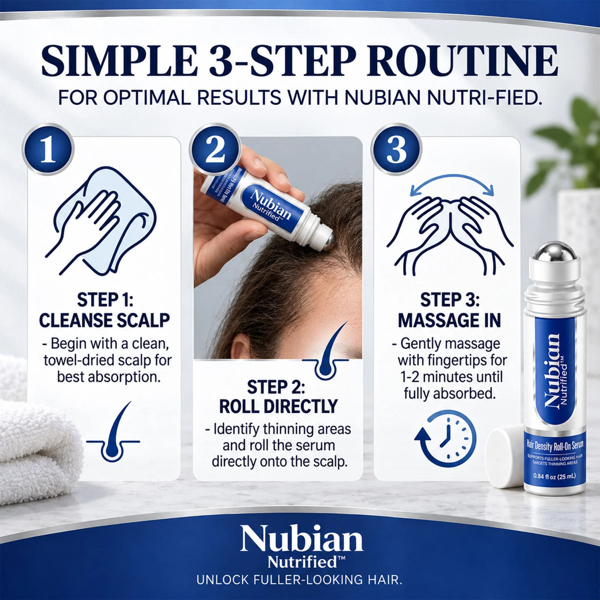Nubian Nutrified Hair Density Serum 3-step routine for thinning hair scalp application.