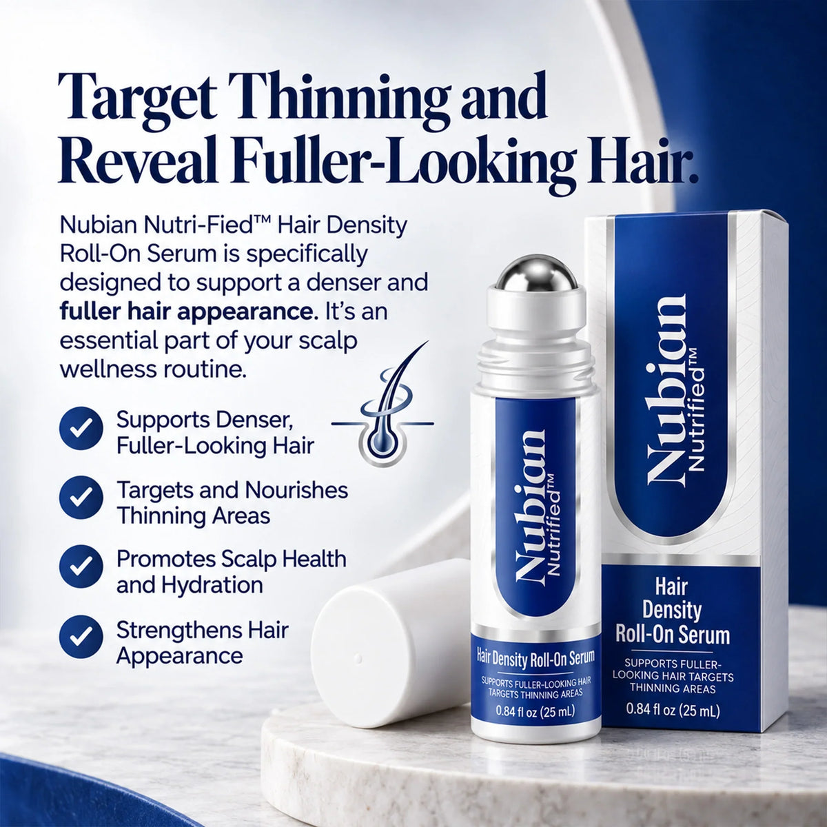 Nubian Nutrified Hair Density Roll-On Serum for thinning hair and scalp health.