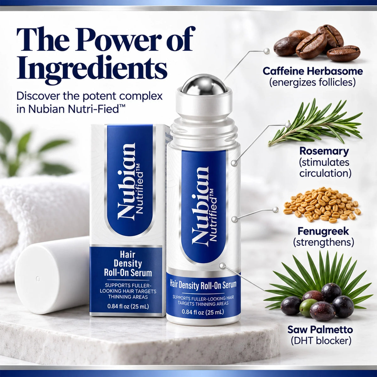 Nubian Nutrified Hair Density Roll-On Serum with key ingredients like Rosemary and Fenugreek.