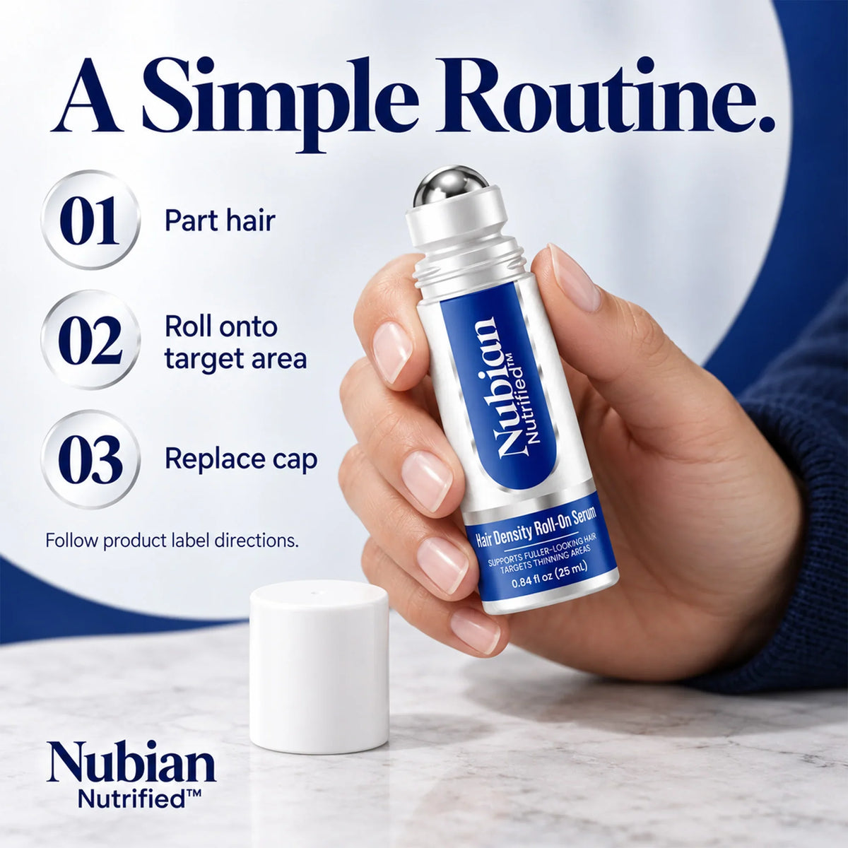 Hand holding Nubian Nutrified Hair Density Roll-On Serum with a 3-step application guide.