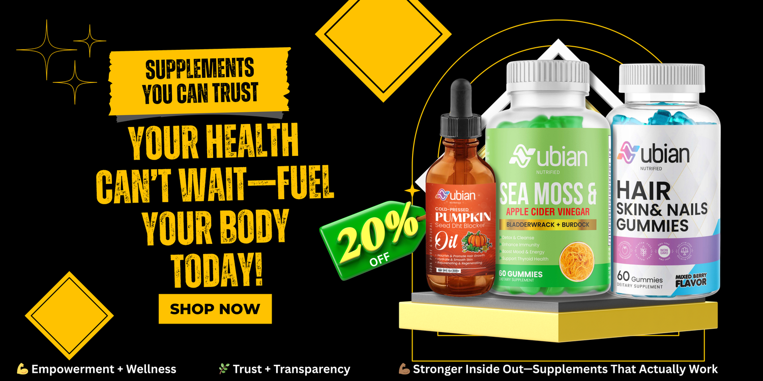 Supplement products with promotional text on a black background