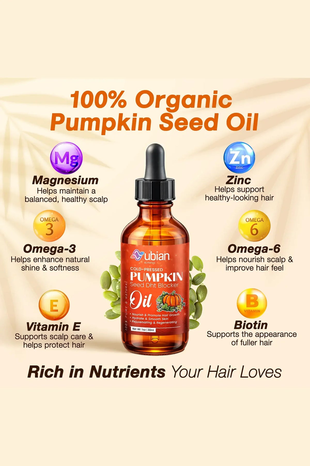 Nubian Nutrified Pumpkin Seed Oil DHT Blocker bottle with key nutrients like Zinc and Magnesium.