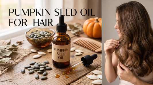 An amber dropper bottle of pumpkin seed oil next to raw pumpkin seeds and a wooden comb on a rustic table, alongside a woman showing off long, shiny brown hair. Text reads "PUMPKIN SEED OIL FOR HAIR".