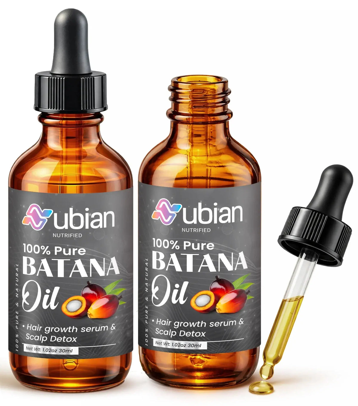 100% Pure Batana Oil for hair growth & scalp detox in amber dropper bottles with natural ingredients