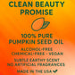 Promotional graphic for pumpkin seed oil with a clean beauty promise on an orange background.
