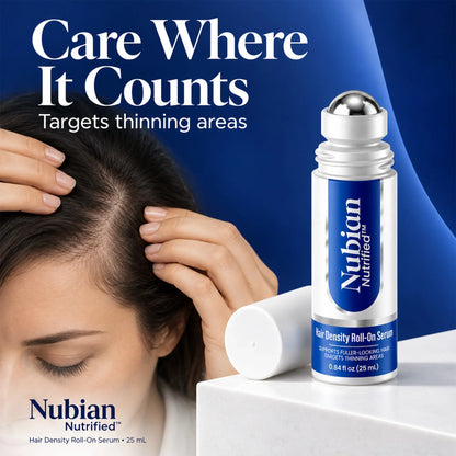 Nubian Nutrified Hair Density Roll-On Serum for targeting thinning hair areas.
