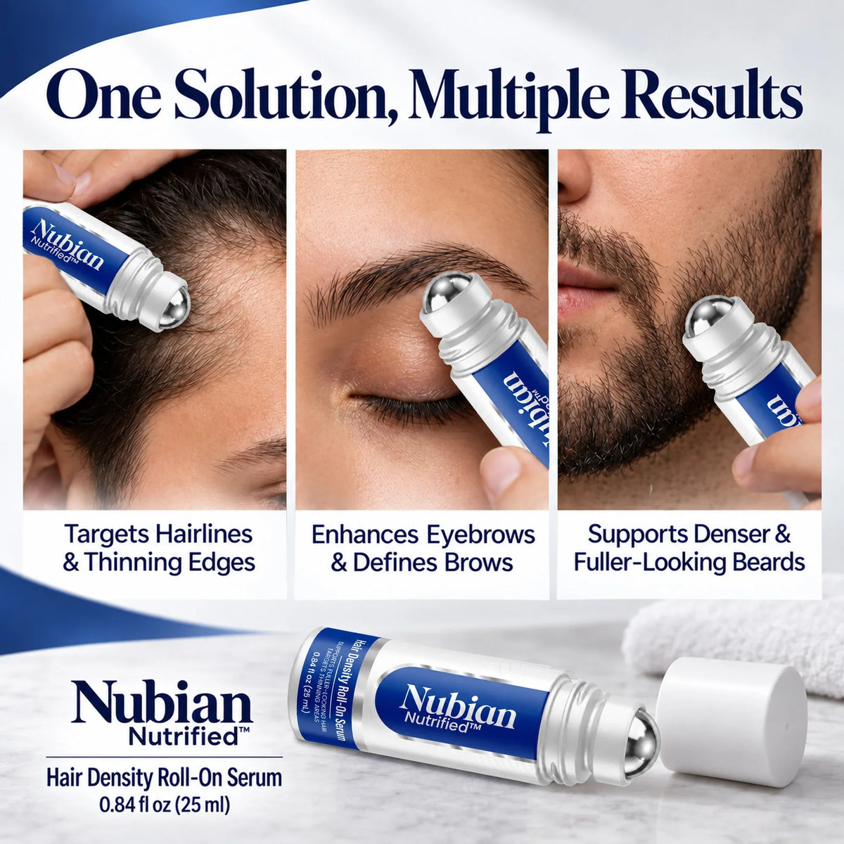 Nubian Nutrified Hair Density Roll-On Serum for hairlines, eyebrows, and beards.