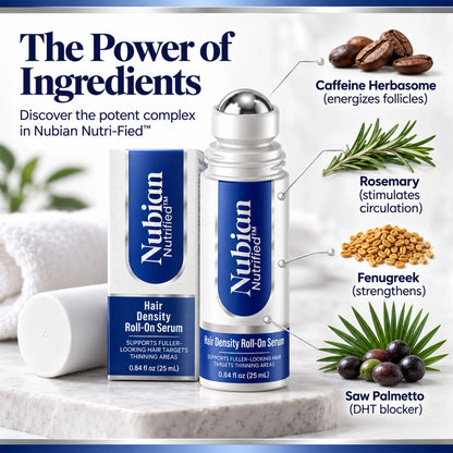 Nubian Nutrified Hair Density Roll-On Serum with key ingredients like Rosemary and Fenugreek.