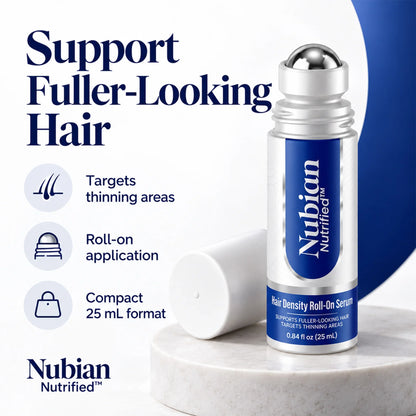 Nubian Nutrified Hair Density Roll-On Serum for thinning areas in a 25 mL format.
