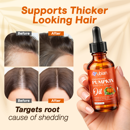 Pumpkin seed oil hair growth serum bottle held by hand with before and after hair thickening results.