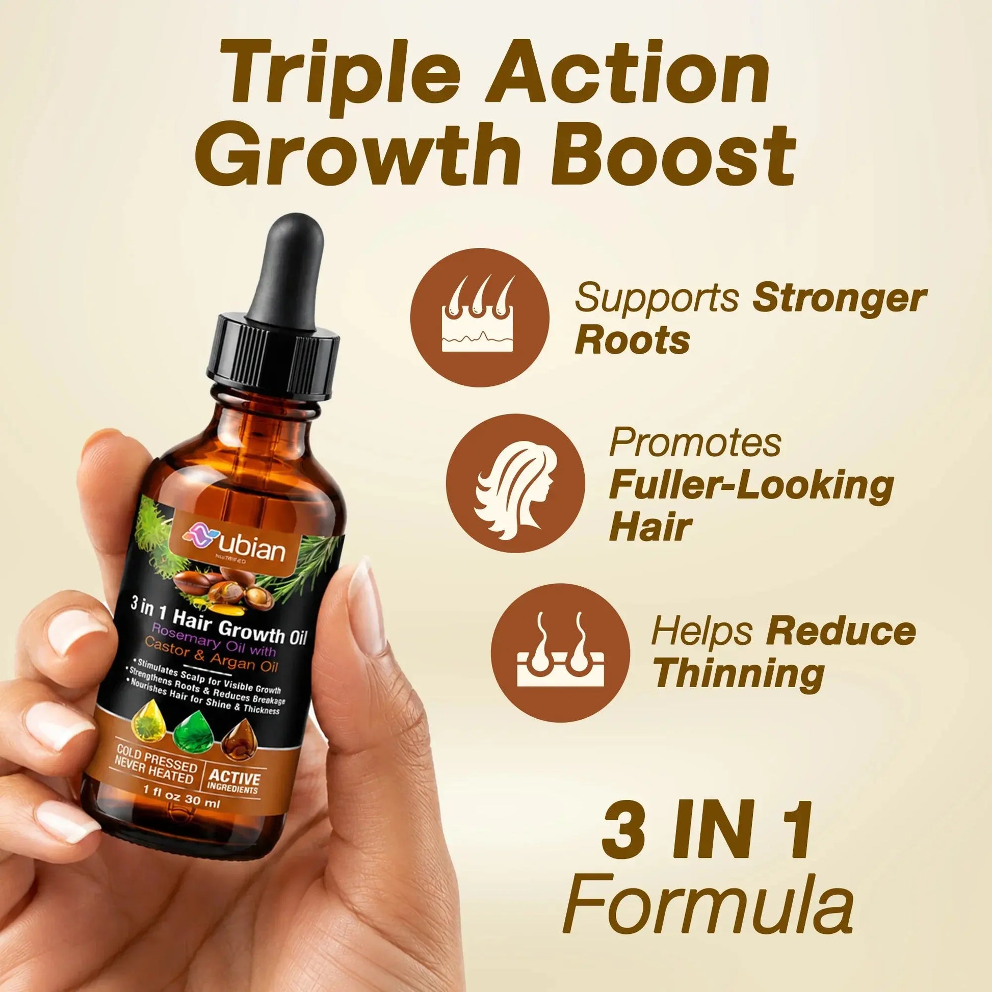 3 in 1 Hair Growth Oil Rosemary, Castor, Argan - Nubian Nutrified