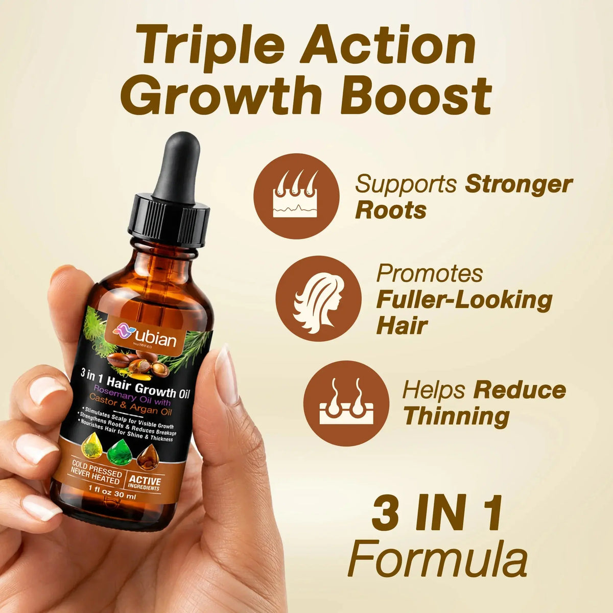 3 in 1 Hair Growth Oil Rosemary, Castor, Argan - Nubian Nutrified