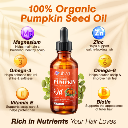 Cold-pressed pumpkin seed oil bottle for hair with nutrients like magnesium, zinc, omega 3 and 6, vitamin E, and biotin.