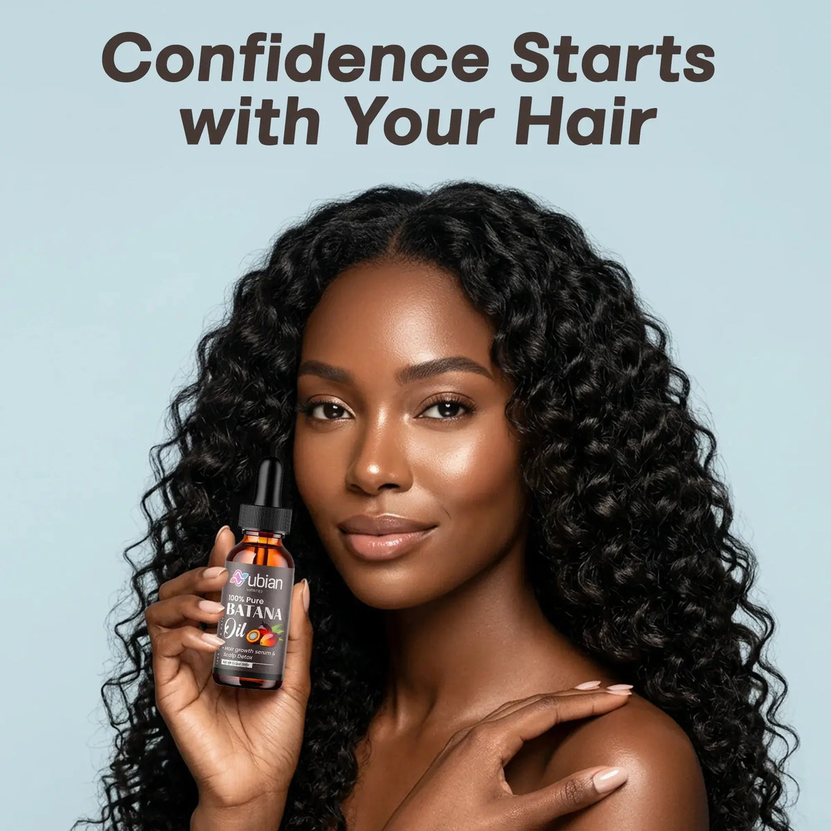 Woman holding 100% pure Batana oil for hair growth and scalp detox, promoting healthy curls and confidence.