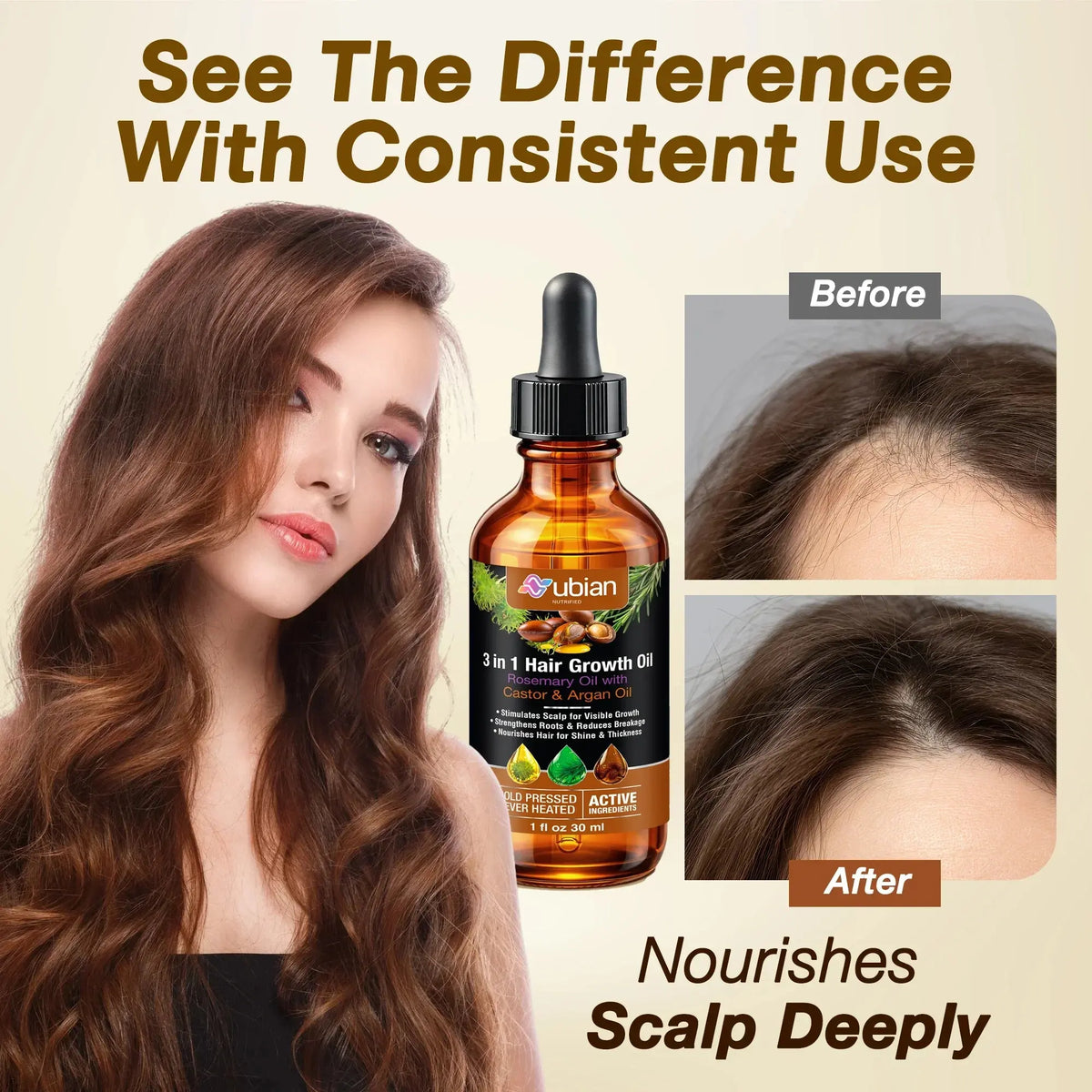 3 in 1 Hair Growth Oil Rosemary, Castor, Argan - Nubian Nutrified