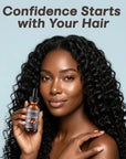Woman holding 100% pure Batana oil for hair growth and scalp detox, promoting healthy curls and confidence.