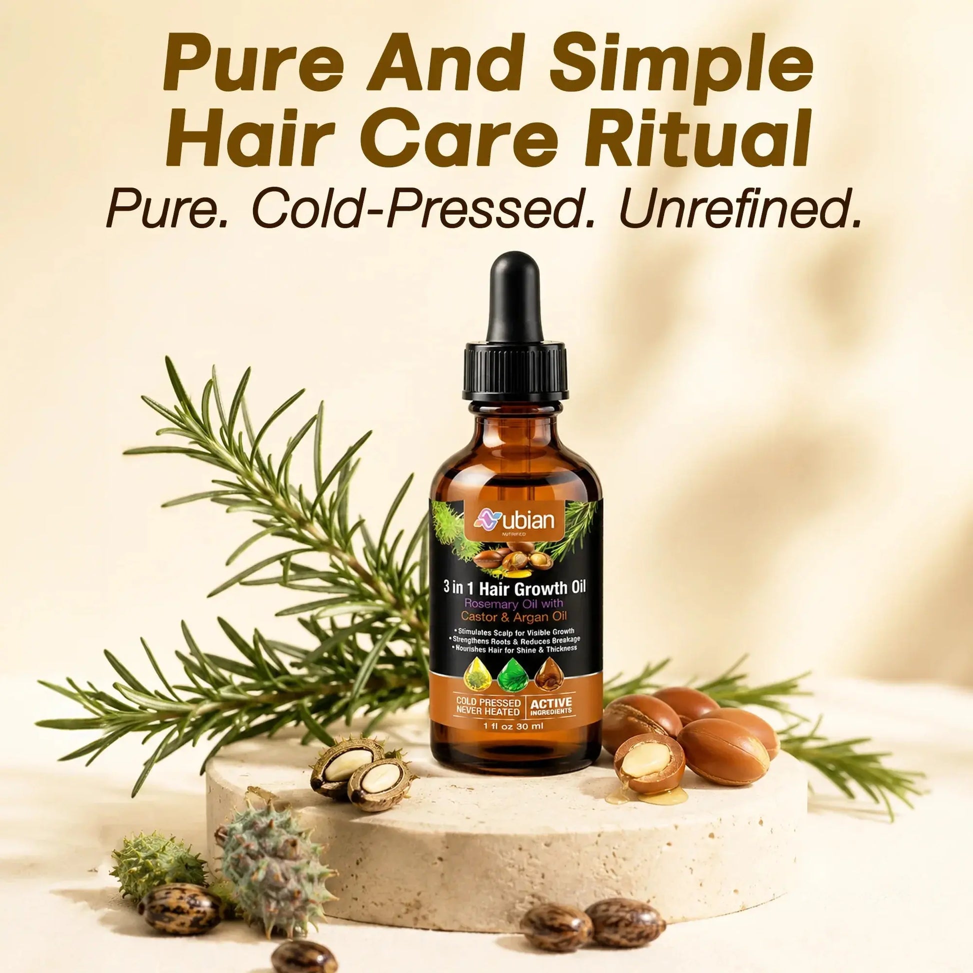 3 in 1 Hair Growth Oil Rosemary, Castor, Argan - Nubian Nutrified