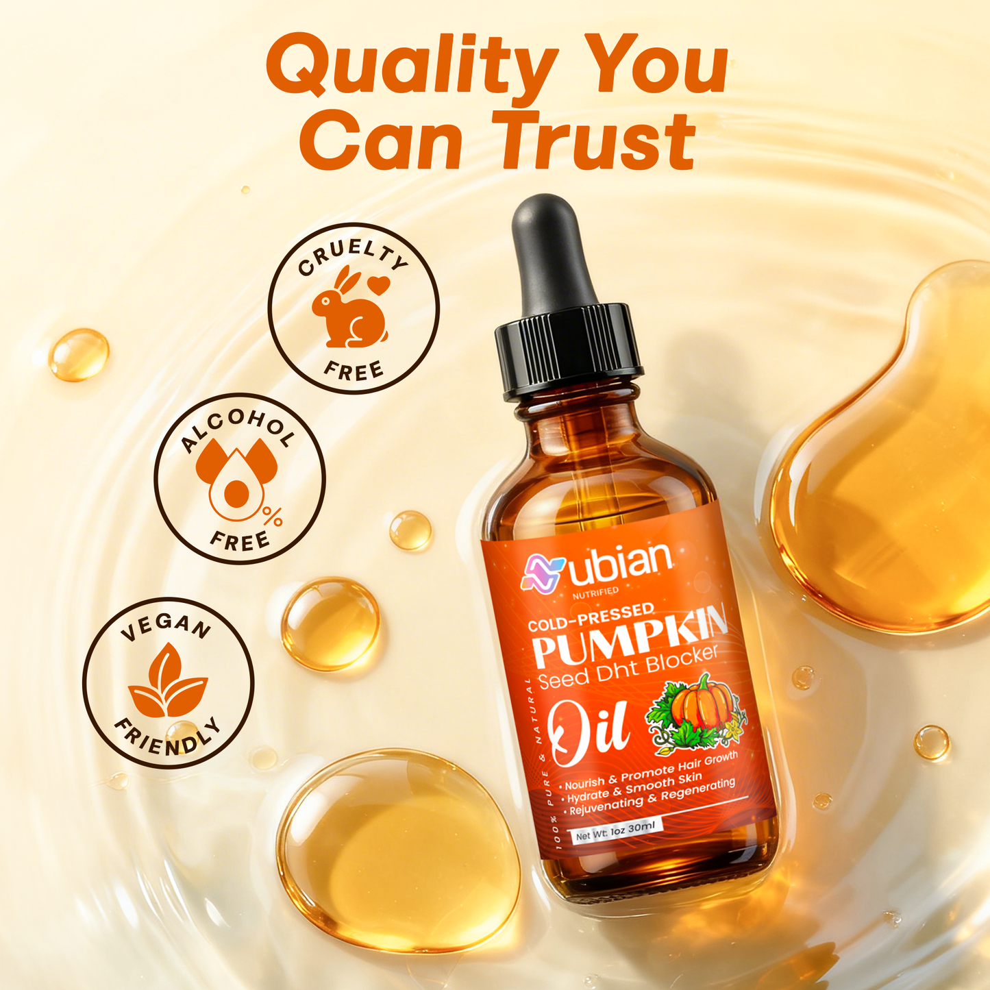 Cold-pressed pumpkin seed oil bottle with cruelty free, alcohol free, and vegan icons.