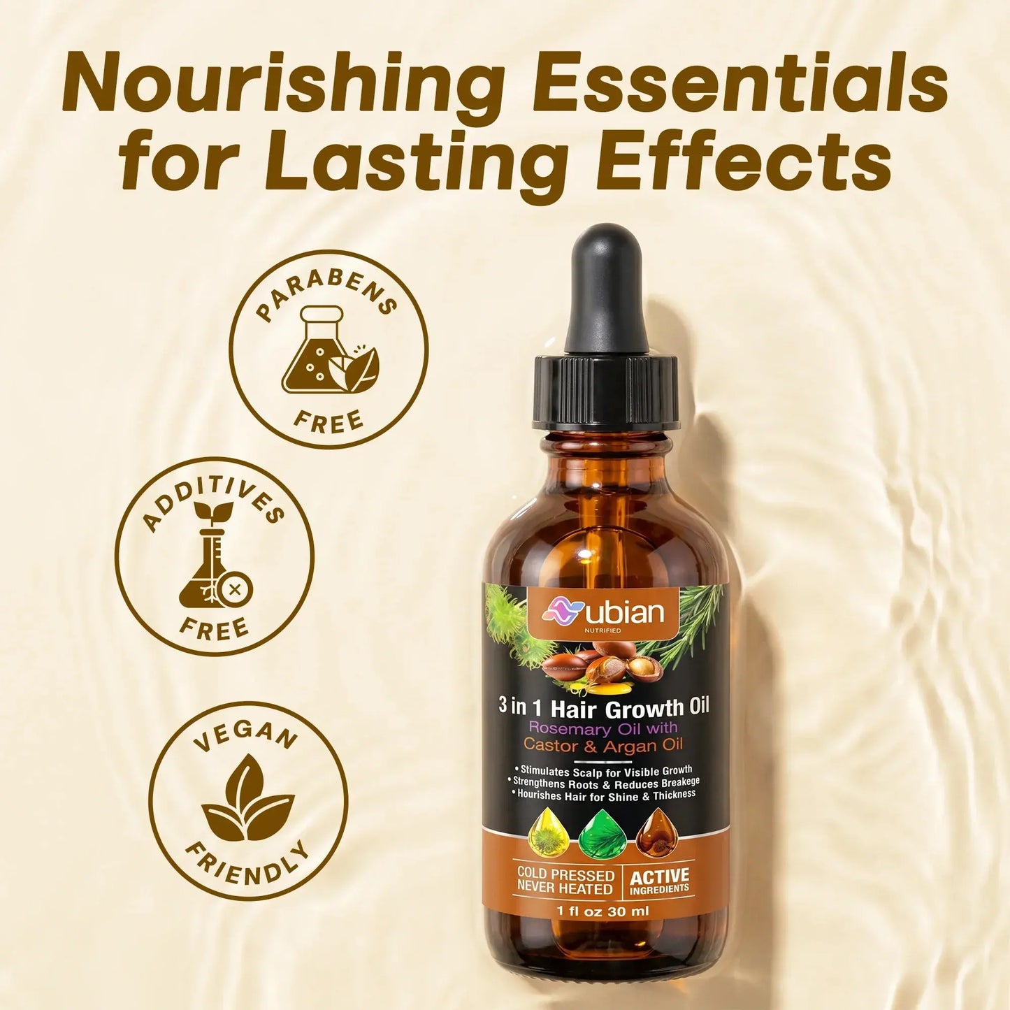 3 in 1 Hair Growth Oil Rosemary, Castor, Argan - Nubian Nutrified