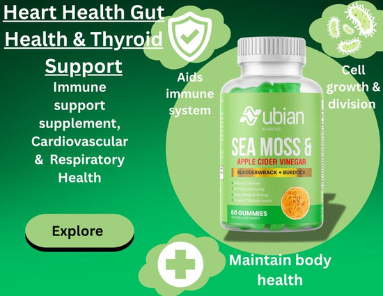 Green supplement bottle labeled 'Nubian Nutrified' with health benefits text on a green background