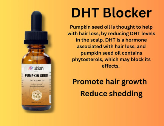Bottle of pumpkin seed oil with text about DHT blocker on a yellow background