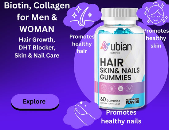 Nubian Nutrified Hair Skin Nails Gummies bottle with purple background and text about benefits