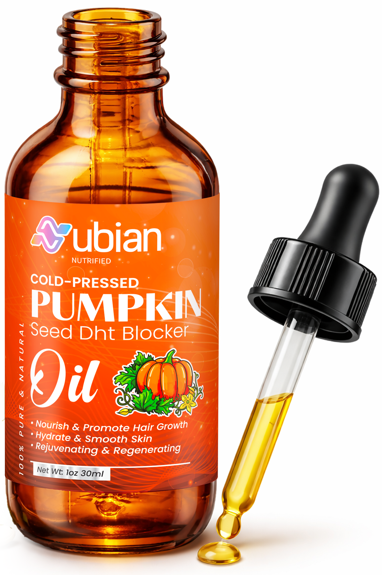 Cold-pressed pumpkin seed oil in amber dropper bottle, DHT blocker for hair and skin