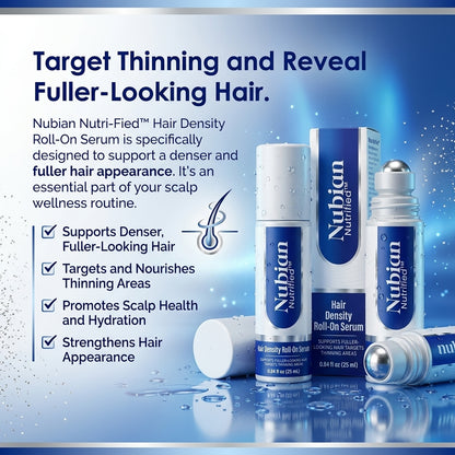 Nubian Nutri-Fied Hair Density Roll-On Serum for thinning hair and scalp health.