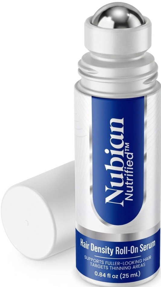 Nubian Nutrified Hair Density Roll-On Serum for thinning hair, 0.84 fl oz bottle.