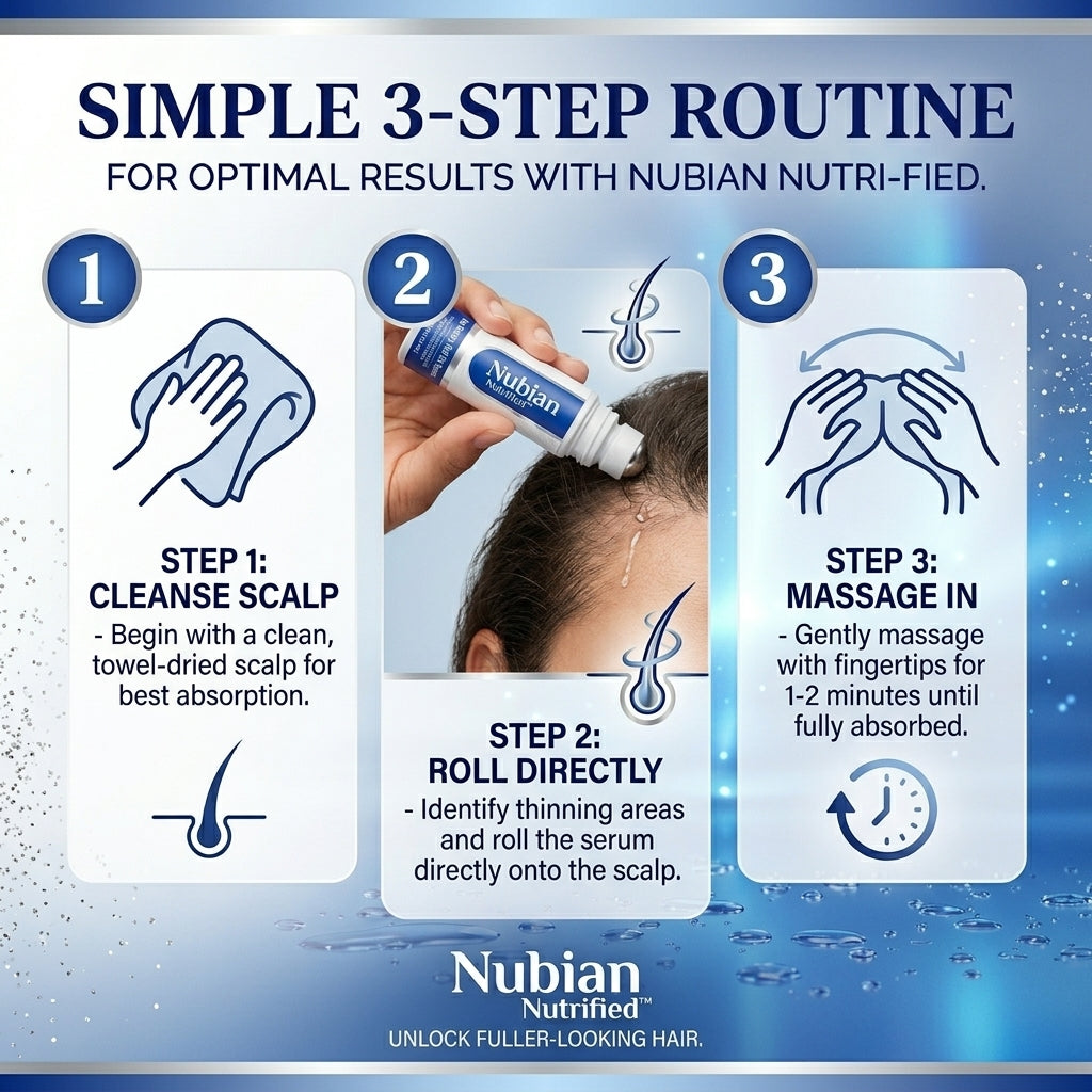 3-step guide for Nubian Nutrified hair serum: cleanse scalp, roll serum, and massage in.