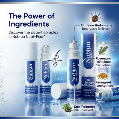Nubian Nutri-Fied Hair Density Roll-On Serum with key ingredients for hair regrowth.