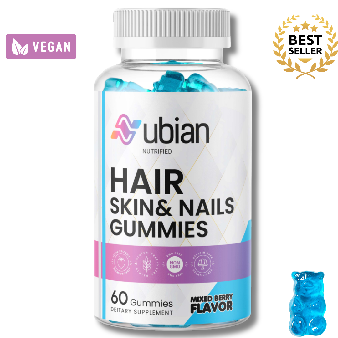 Bottle of Nubian Nutrified Hair Skin & Nails Gummies with a bestseller badge on a white background