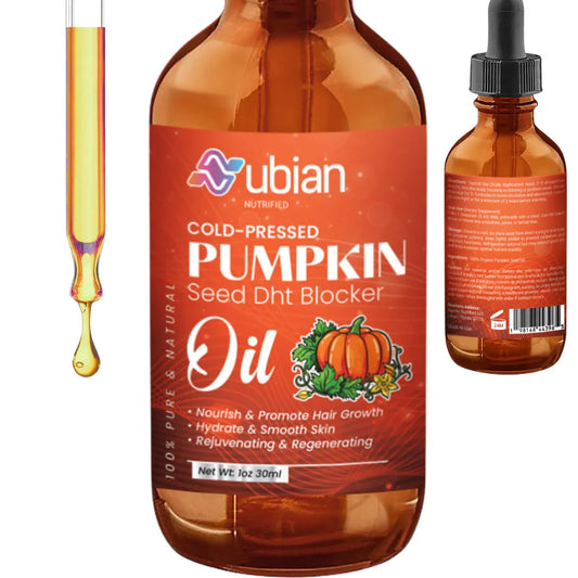 Nubian Nutrified DHT Pumpkin Seed Oil bottle with dropper on a white background.