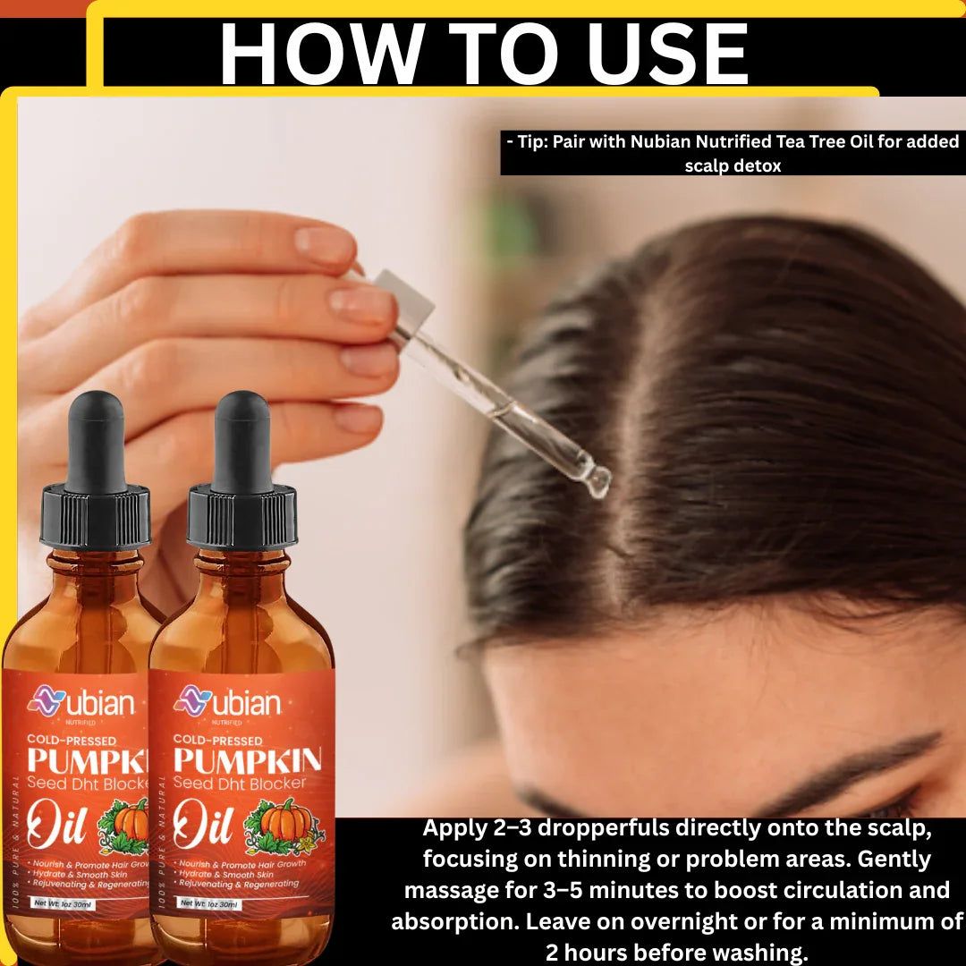 Nubian Nutrified DHT Pumpkin Oil bottles with a dropper being used on hair, accompanied by text on how to use the product.