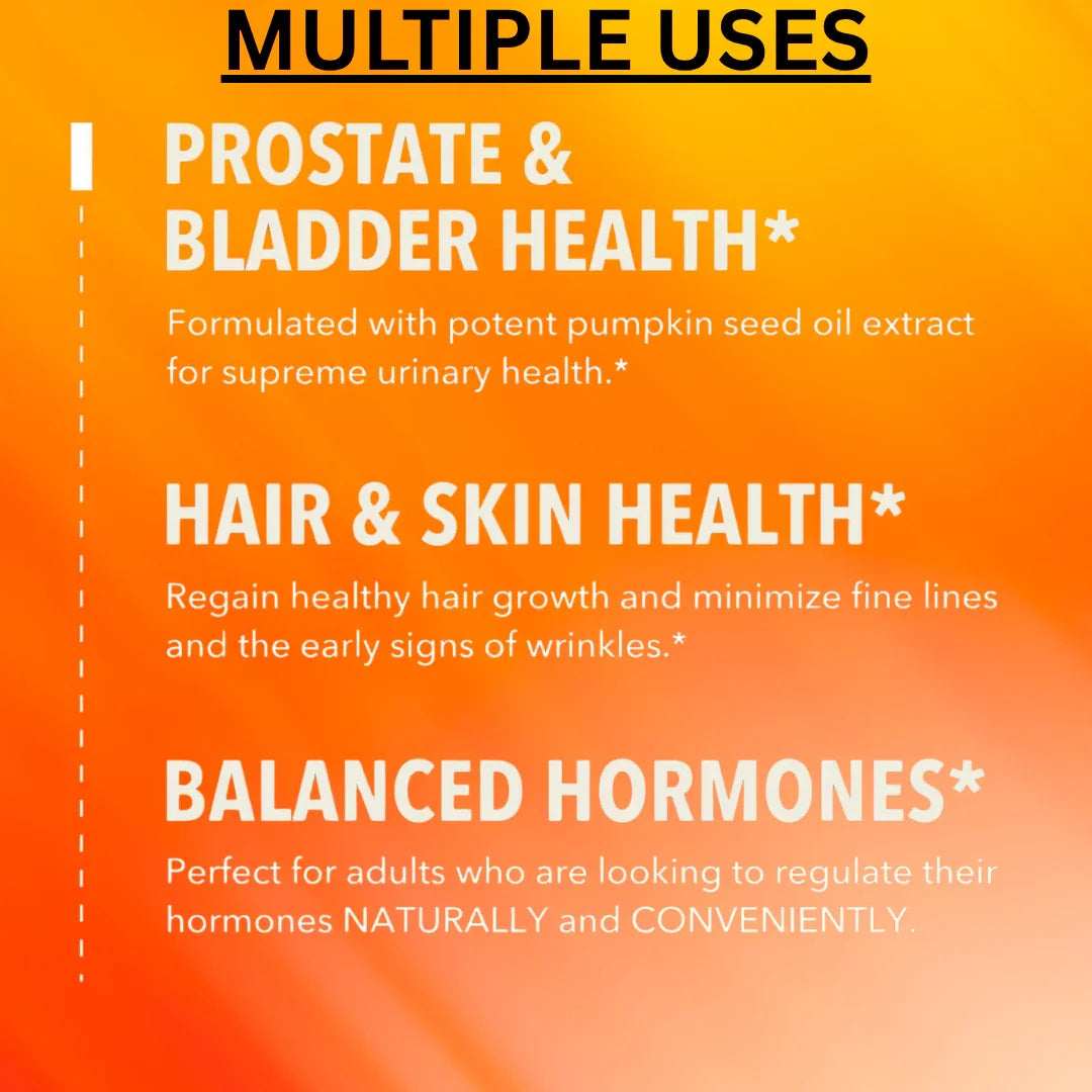 Product advertisement with text on multiple health benefits on an orange background