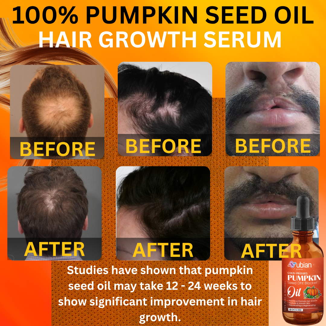 Pumpkin seed oil hair growth serum with 'before' and 'after' results on hair and face.
