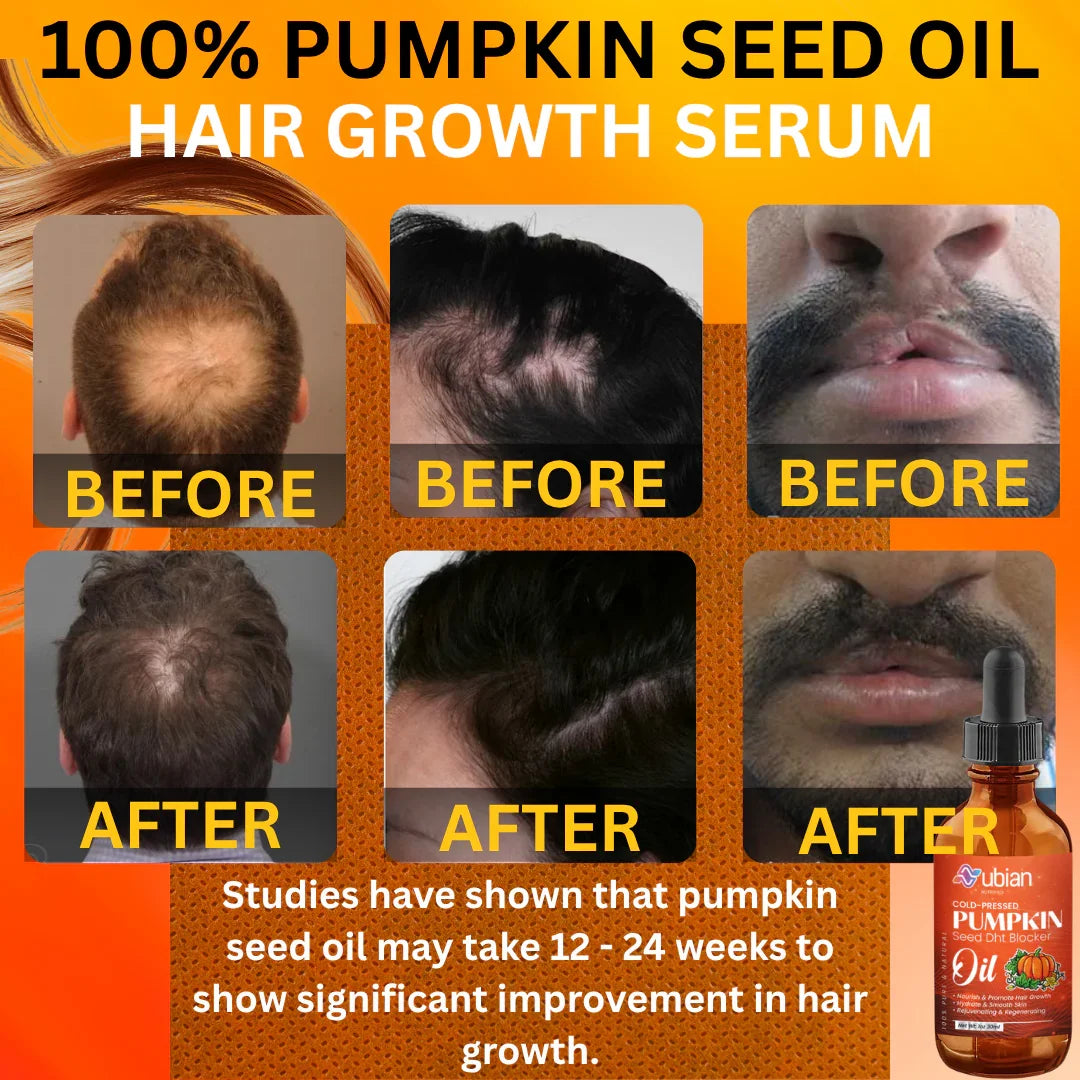 Pumpkin seed oil hair growth serum with 'before' and 'after' results on hair and face.