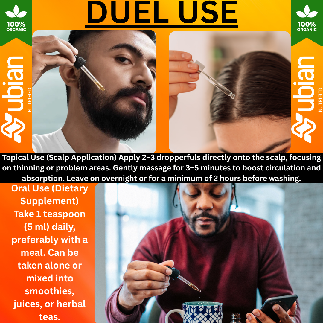 Advertisement for Nubian Nutrified hair care product with text on dual use and application instructions.