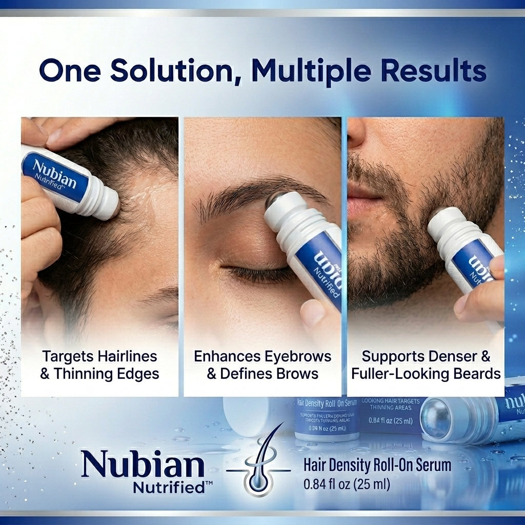 Nubian Nutrified Hair Density Roll-On Serum for hairlines, eyebrows, and beards.