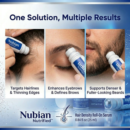 Nubian Nutrified Hair Density Roll-On Serum for hairlines, eyebrows, and beards.