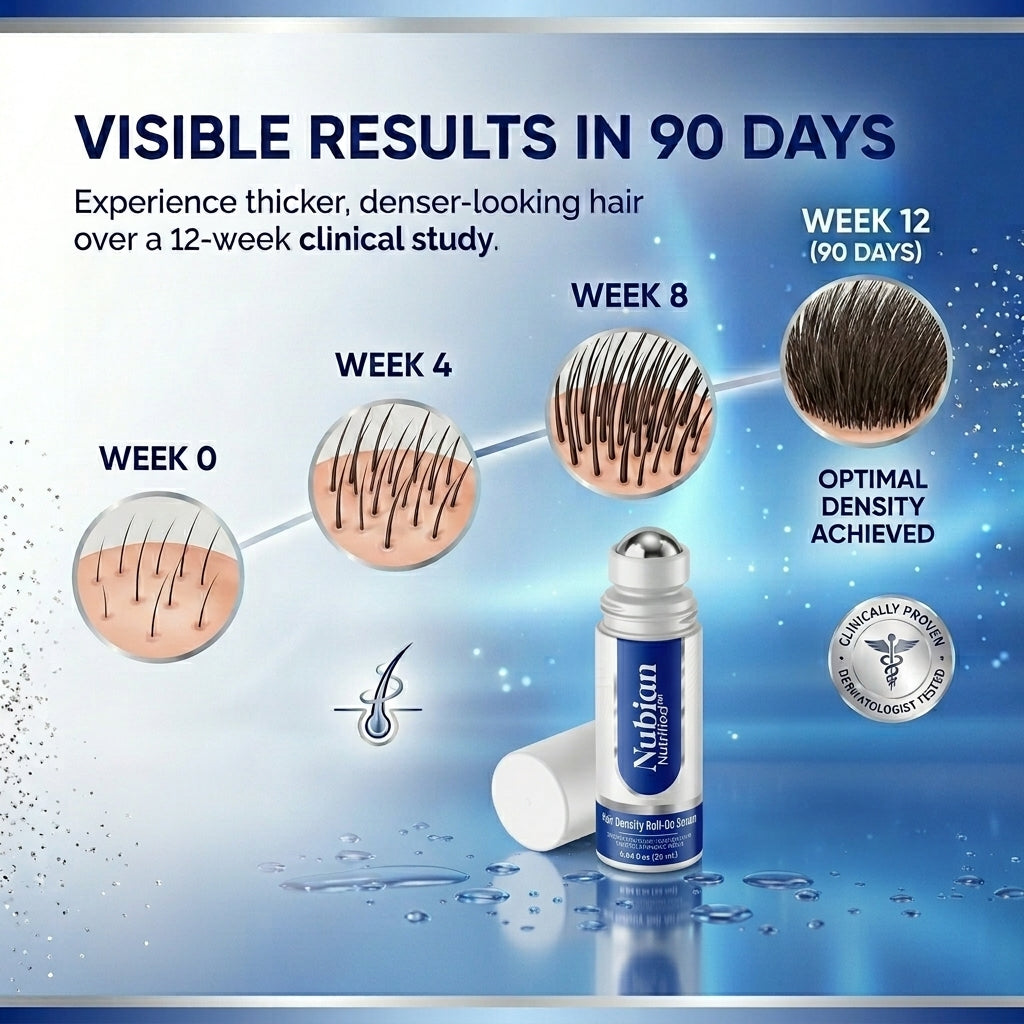 Nubian Nutrified hair regrowth roll-on serum showing hair density progress from week 0 to 12.