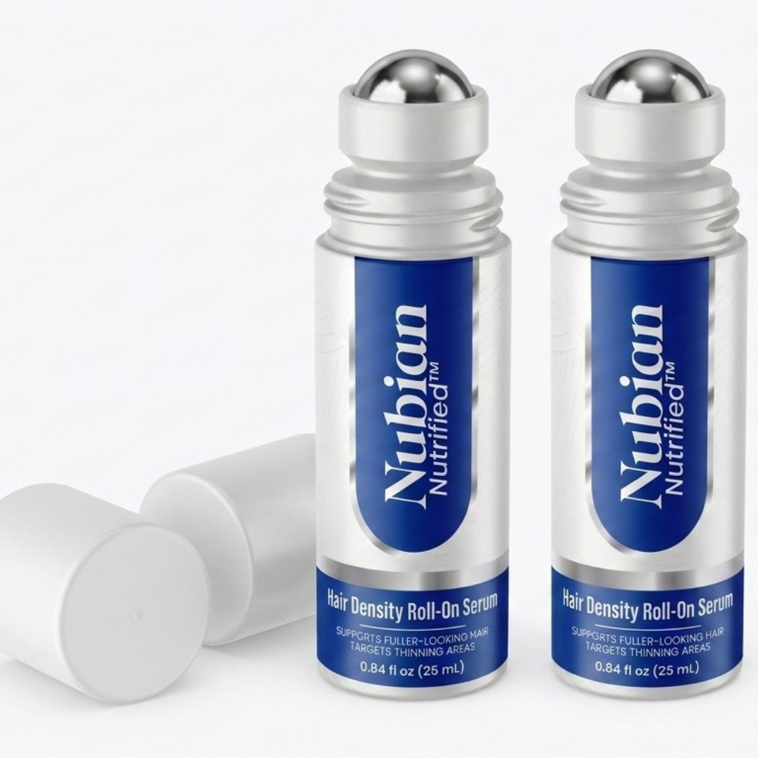 Two bottles of Nubian Nutrified Hair Density Roll-On Serum for thinning hair.